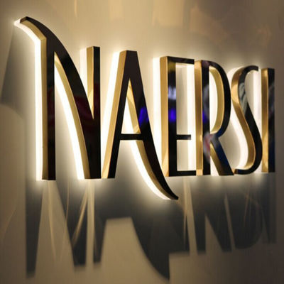 الذهب مرآة الأعمال شعار لافتات الفولاذ المقاوم للصدأ مضاءة علامات واجهة المحل